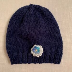 Handmade knitted Navy Blue Beanie with Floral Accent